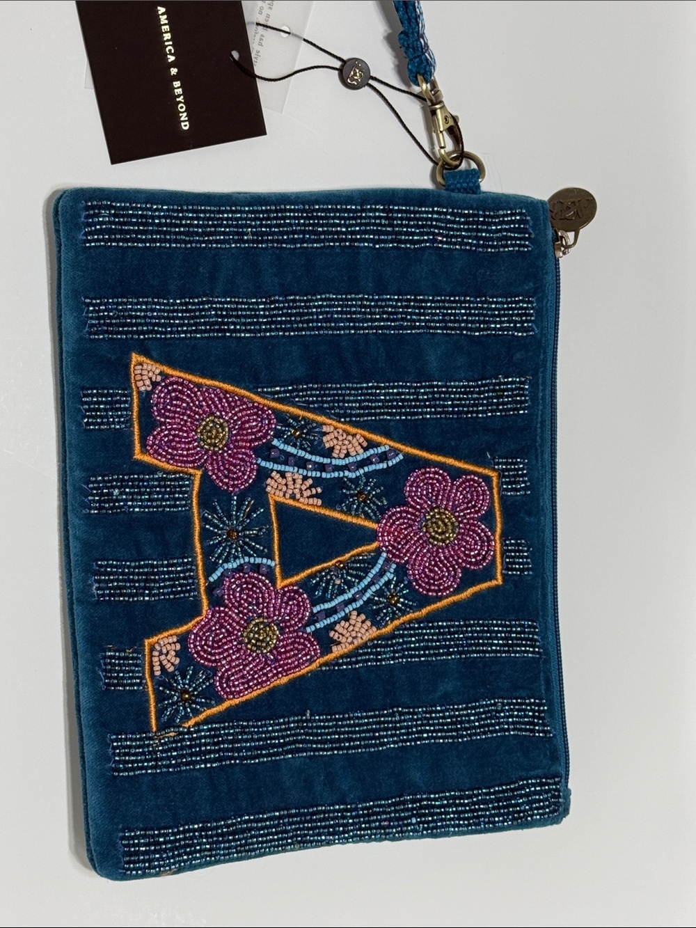 America & Beyond Teal Velvet Beaded Floral Wristlet Clutch